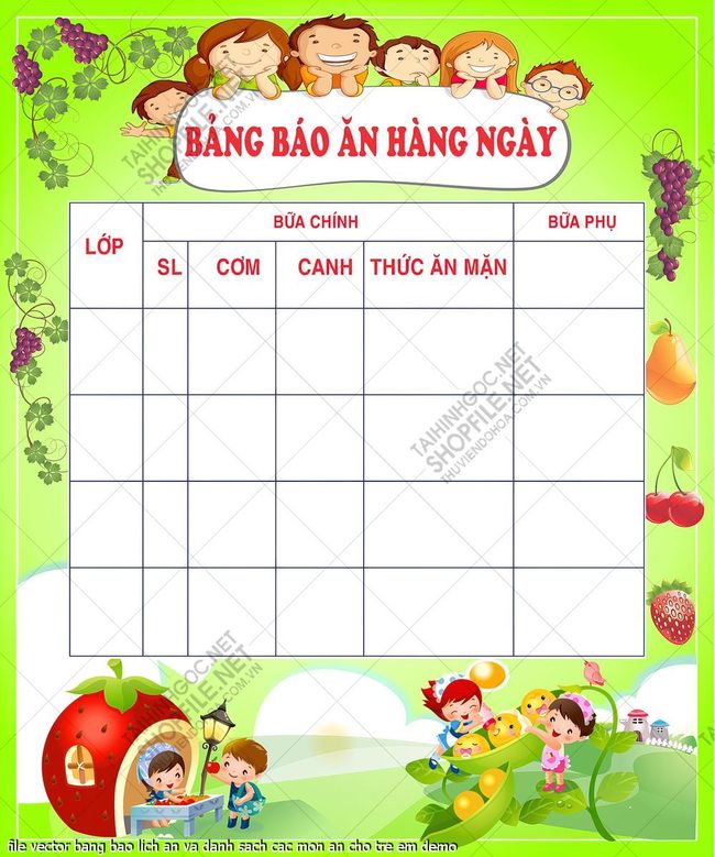 file vector bang bao lich an va danh sach cac mon an cho tre em